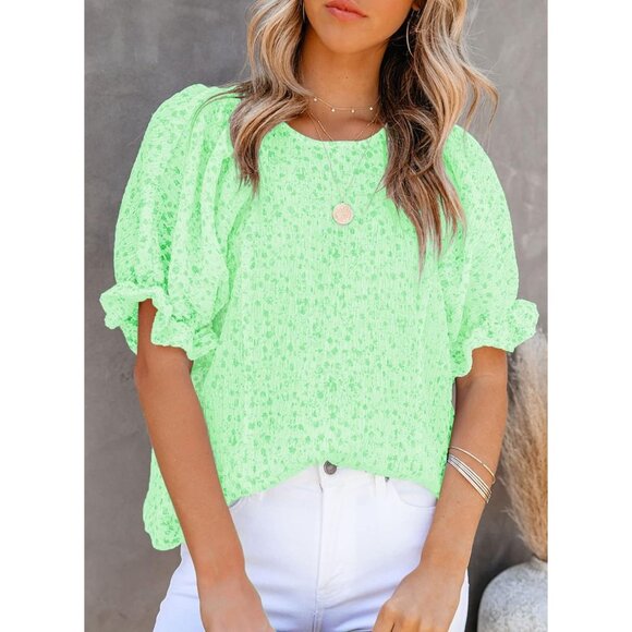 Women Green Print Blouse Crewneck Smocked Puff Sleeve Shirts Casual Babydoll Top - Picture 2 of 6
